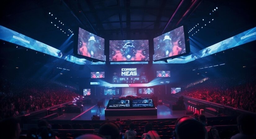 Image of an esports betting event, featuring large screens and an audience.