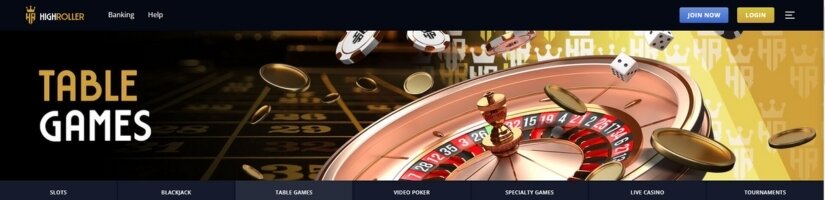 Screenshot of High Roller Casino website showing a banner for table games.