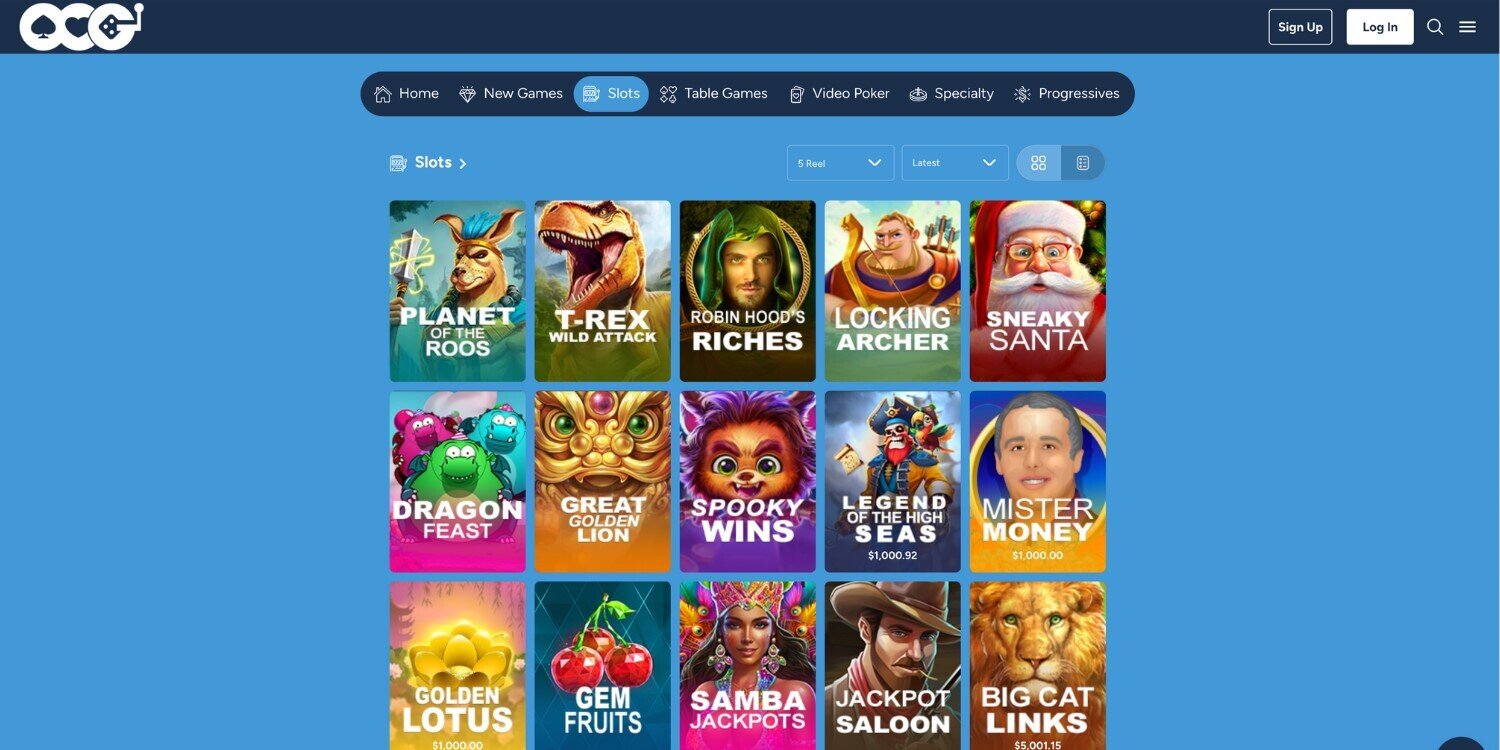 Screenshot of Online Casino Games website showing slot game selection.