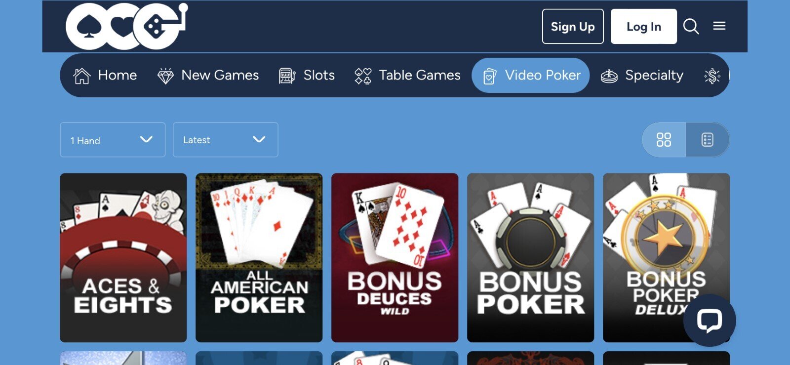 Screenshot of Online Casino Game website showing table game selection.