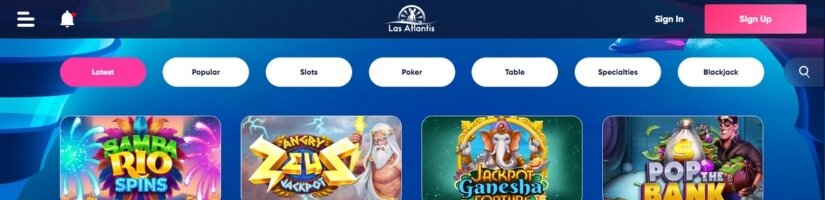 Las Atlantis Casino banner showing a screenshot of websites game selection.