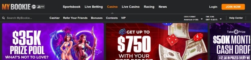 Screenshot of MyBookie website showing the casino interface.