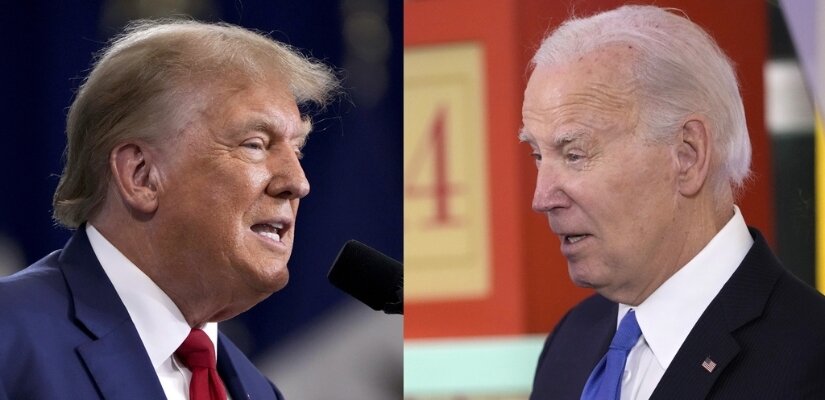 Two seperate photos, one of Biden and one of Trump, looking towards each other.