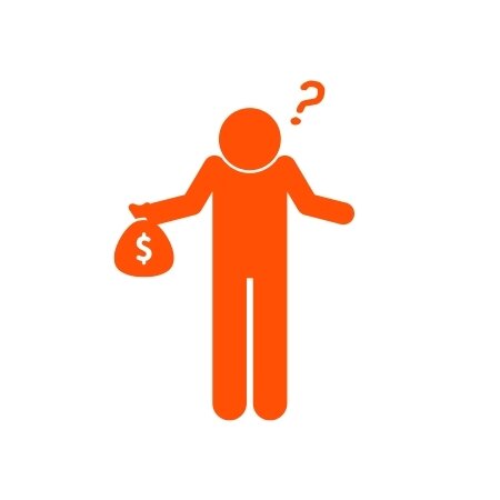 Orange icon showing a confused person receiving a bag of money.