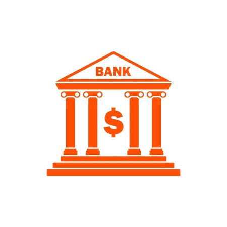 Orange banking icon showing a bank building and dollar sign.