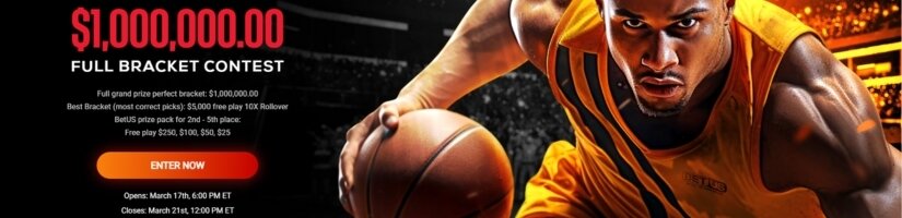 BetUS banner showing screenshot of March Madness bracket contest promotion.
