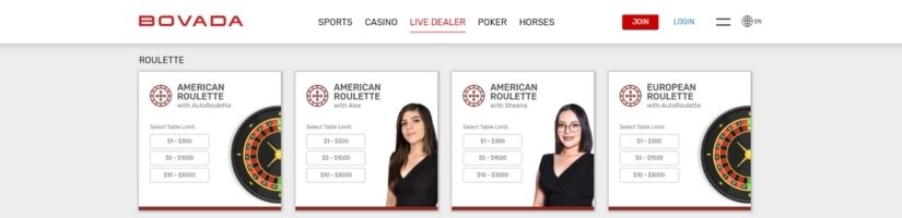 Screenshot of Bovada live roulette lobby.