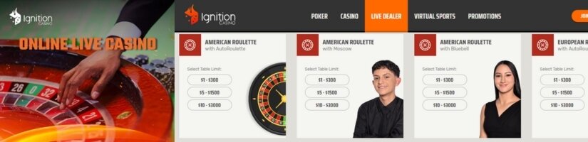 Screenshot of Ignition Casino live dealer roulette lobby.