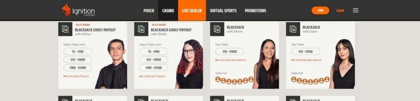 Screenshot of the Ignition Casino live dealer lobby