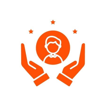 Orange loyalty icon showing a a customer being praised.