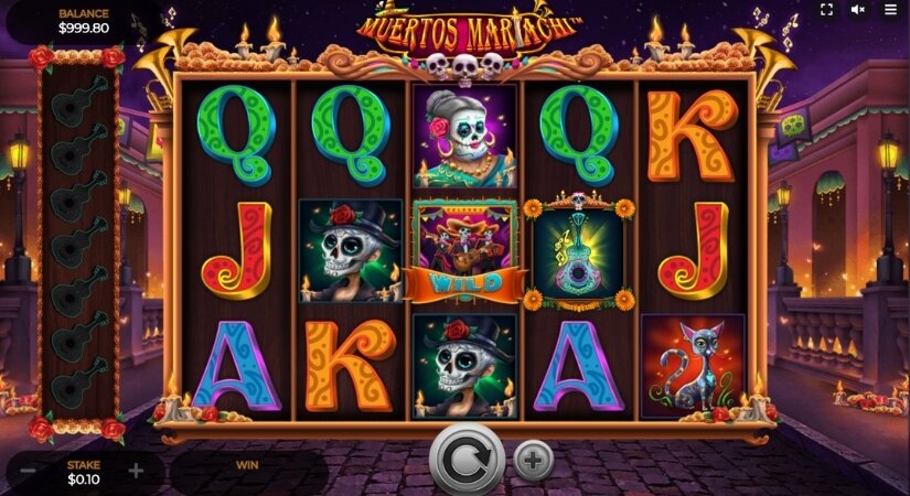 Screenshot of Muertos Mariachi low-volatility slot gameplay.
