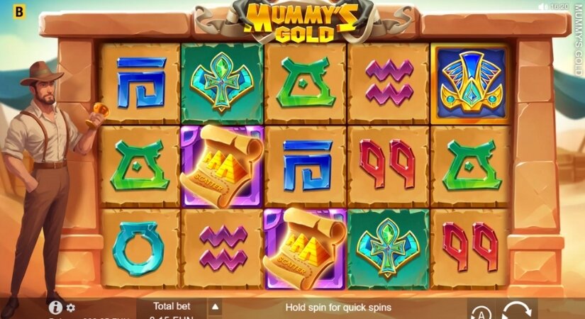 Screenshot of Mummy's Gold low-volatility slot gameplay.