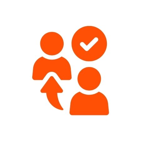 Orange icon showing a person recommending another person.