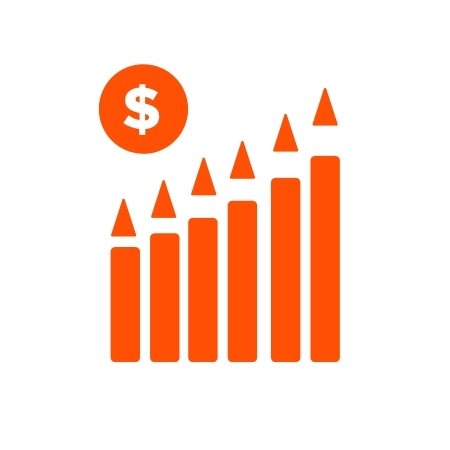 Orange showing a bar chart with a dollar icon.