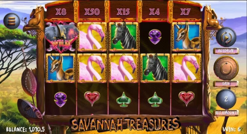 Screenshot of Savannah Treasures low-volatility slot gameplay.