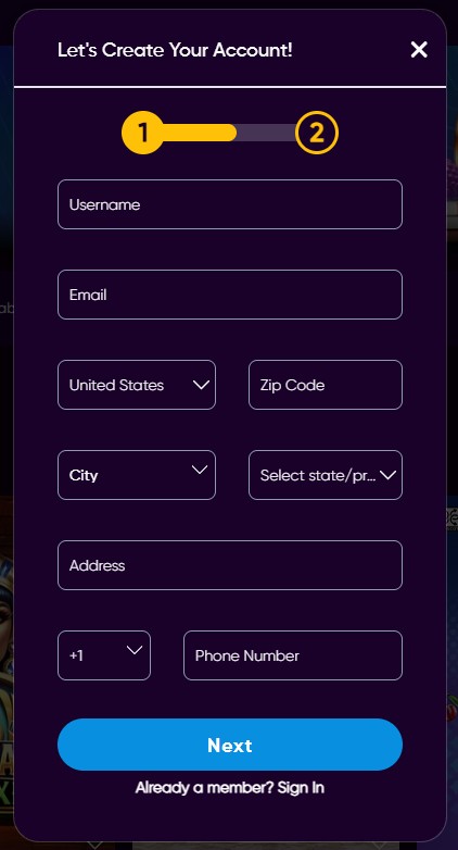 Sign up form at slots Paradise Casino asking for username and address.