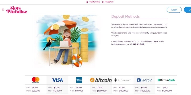 Screenshot of Slots Paradise banking methods.