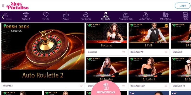 Screenshot of Slots Paradise live dealer lobby.