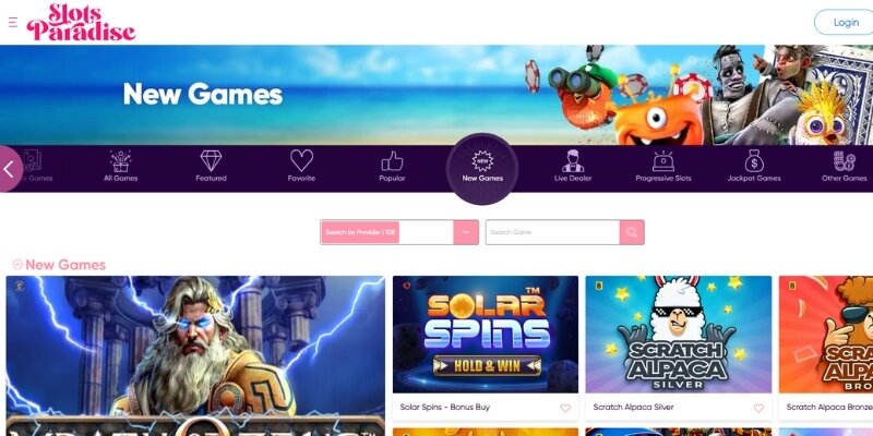 Screenshot of Slots Paradise new games section.
