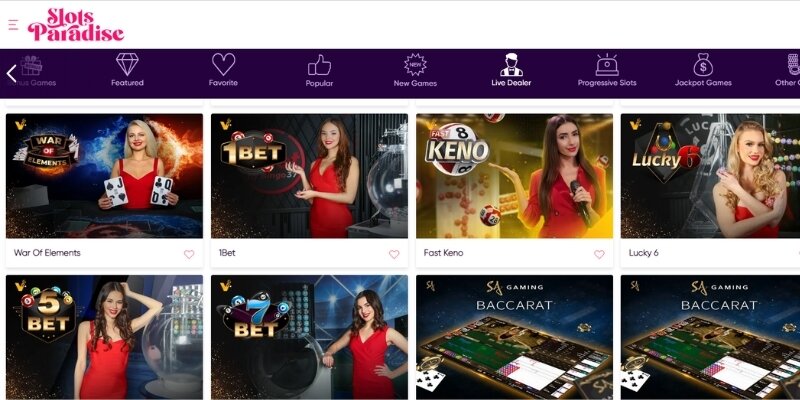 Screenshot of Slots Paradise live dealers showing selection of live games.