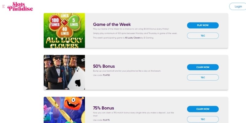 Screenshot of Slots Paradise promotions.