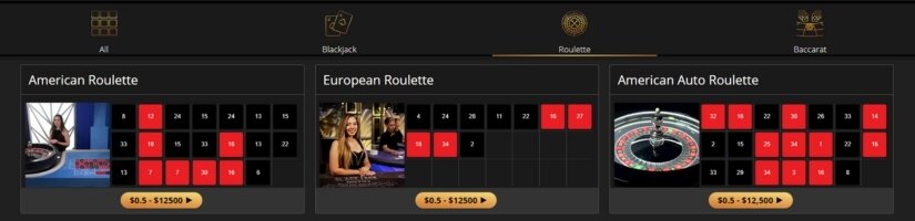 Screenshot of SlotsandCasino live dealer roulette lobby.