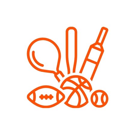 Orange sports icon showing collection of bats and balls.