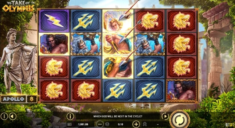 Screenshot of Take Olympus low-volatility slot gameplay.