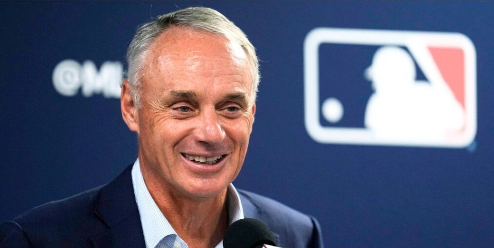 Major League Baseball commissioner Rob Manfred speaks during a baseball spring training media day