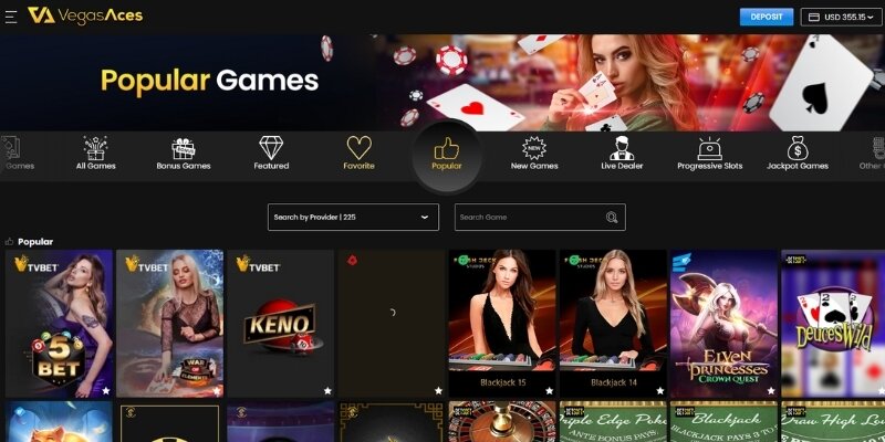 Screenshot of Vegas Aces popular games section.