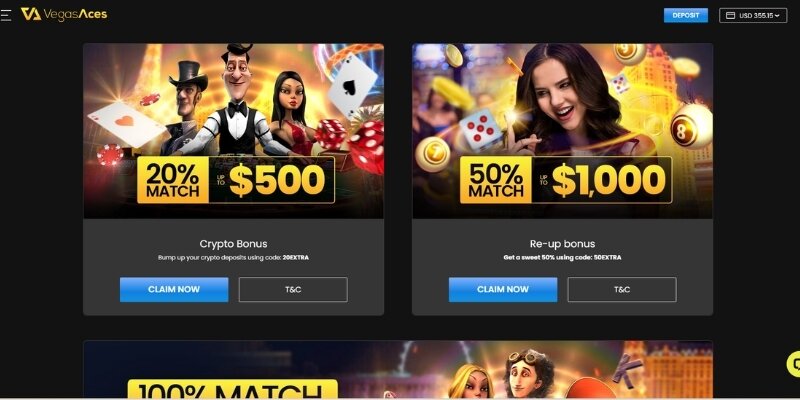 Screenshot of Vegas Aces bonus and promotion offer.