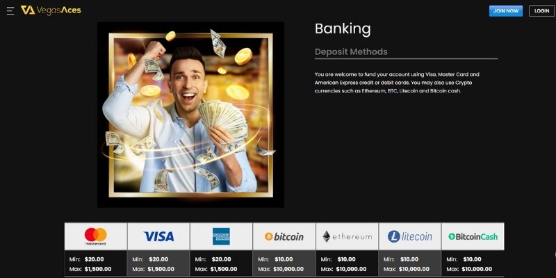 Review screenshot of Vegas Aces banking options.