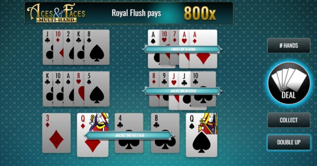 Aces & Faces Multi-Hand video poker gameplay.