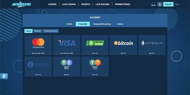 Screenshot of Anonym banking methods section.