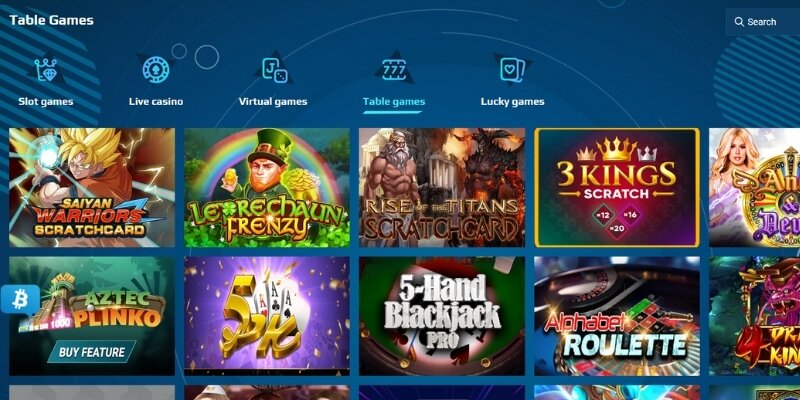 Screenshot of Anonym table game selection interface.