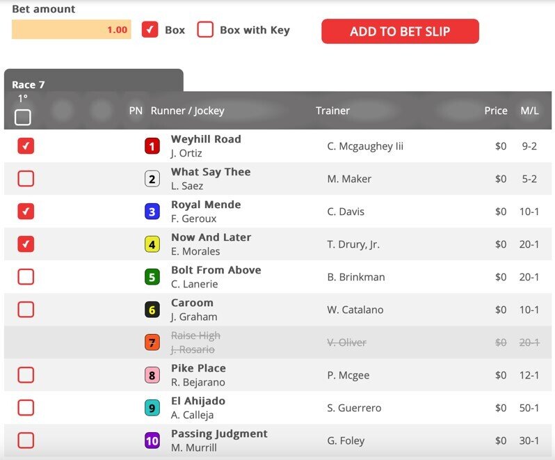 Example of a boxed trifecta bet at BetOnline racebook.