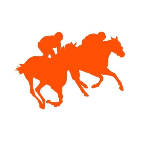 Orange icon showing two horses and jockey's racing.