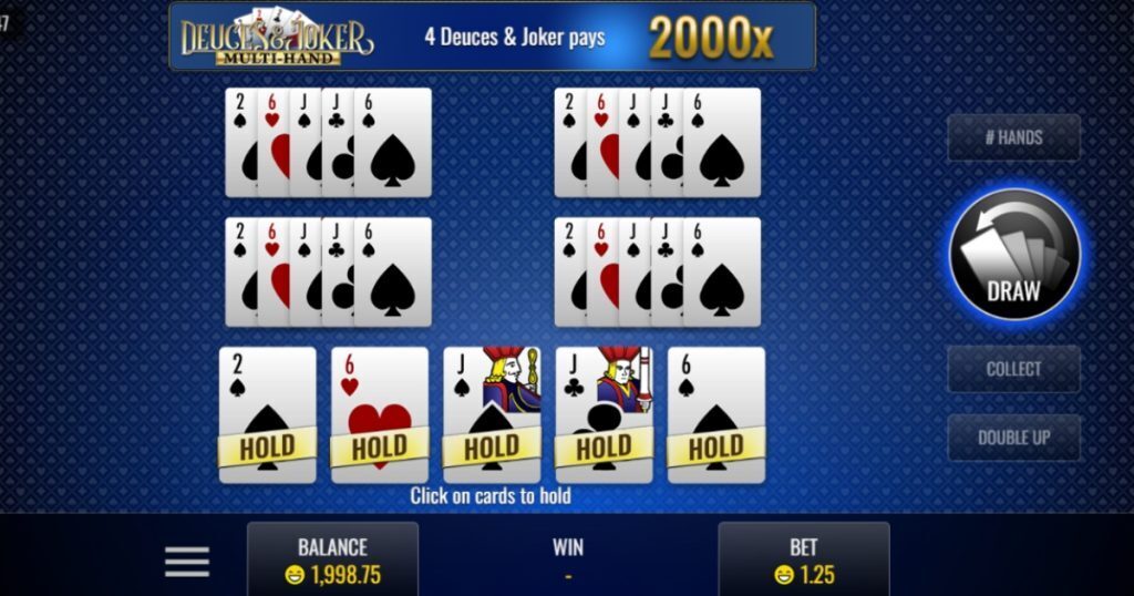 Deuces & Joker (Multi-Hand) video poker gameplay.