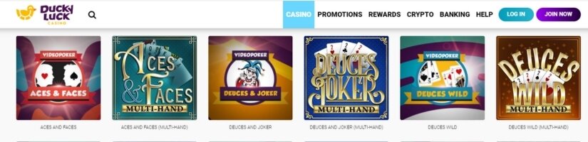 Screenshot of DuckyLuck video poker game titles.