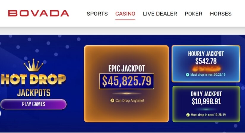 Screenshot of the Hot Drop Jackpot countdown timer at Bovada.