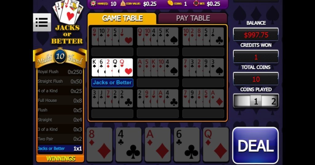 Jacks or Better 10 Hands video poker gameplay.