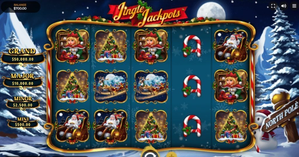 Jingle Jackpots medium volatility slot gameplay.
