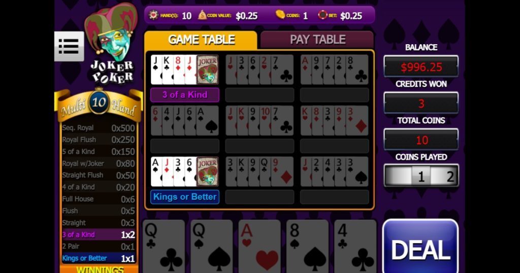 Joker Poker 10 Hands video poker gameplay.