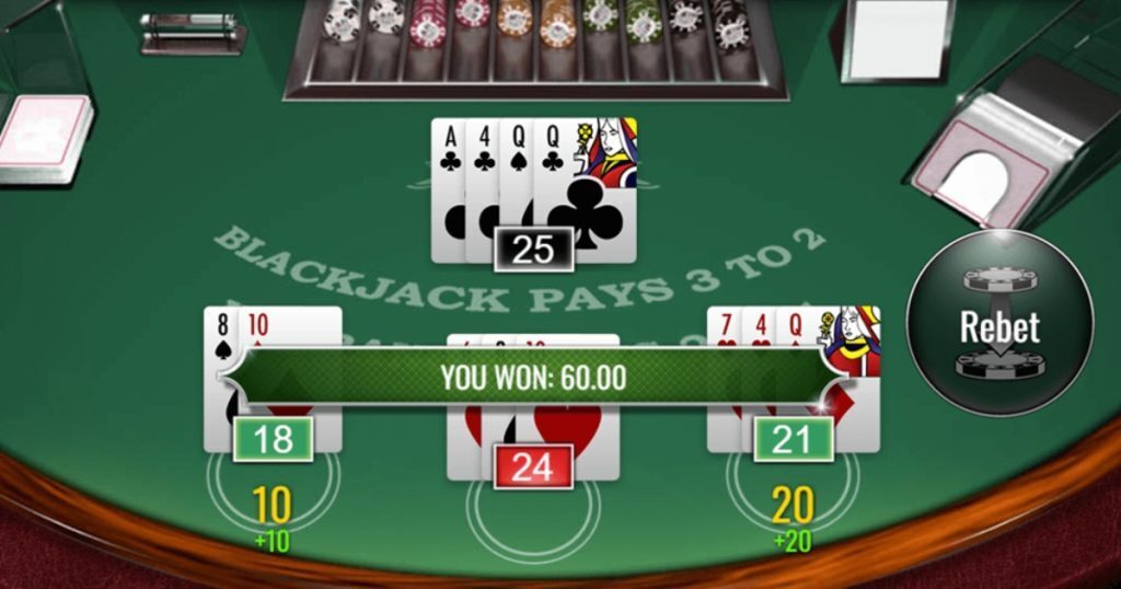 Screenshot of multi-hand blackjack gameplay.