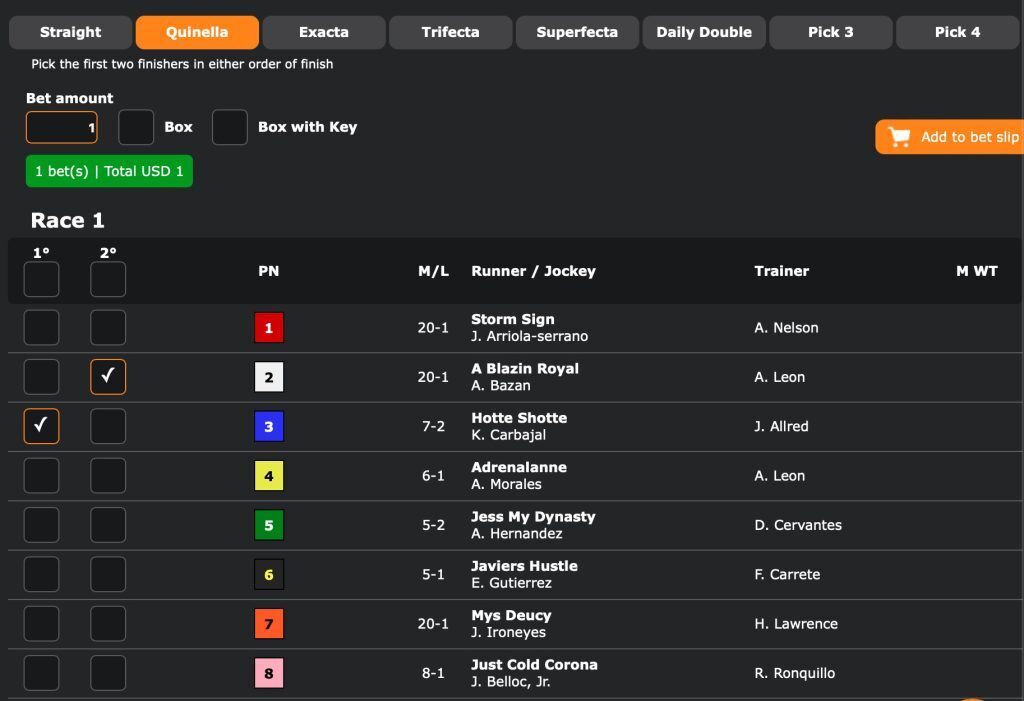 Screenshot of a Quinella Bet interface.