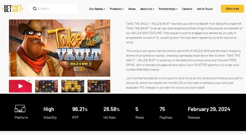 BetSoft website featuring RTP, volatility, and hit rate.