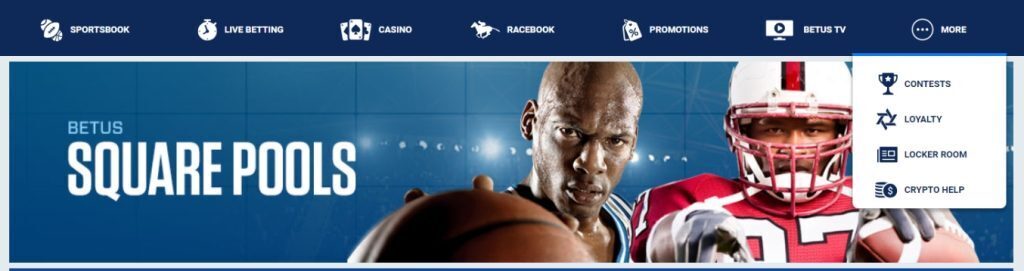 BetUS NBA Squares Contest banner with drop down navigation menu.