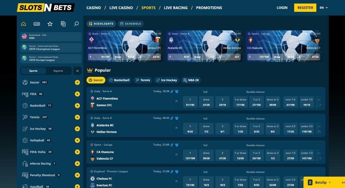SlotsNBets sportsbook interface.
