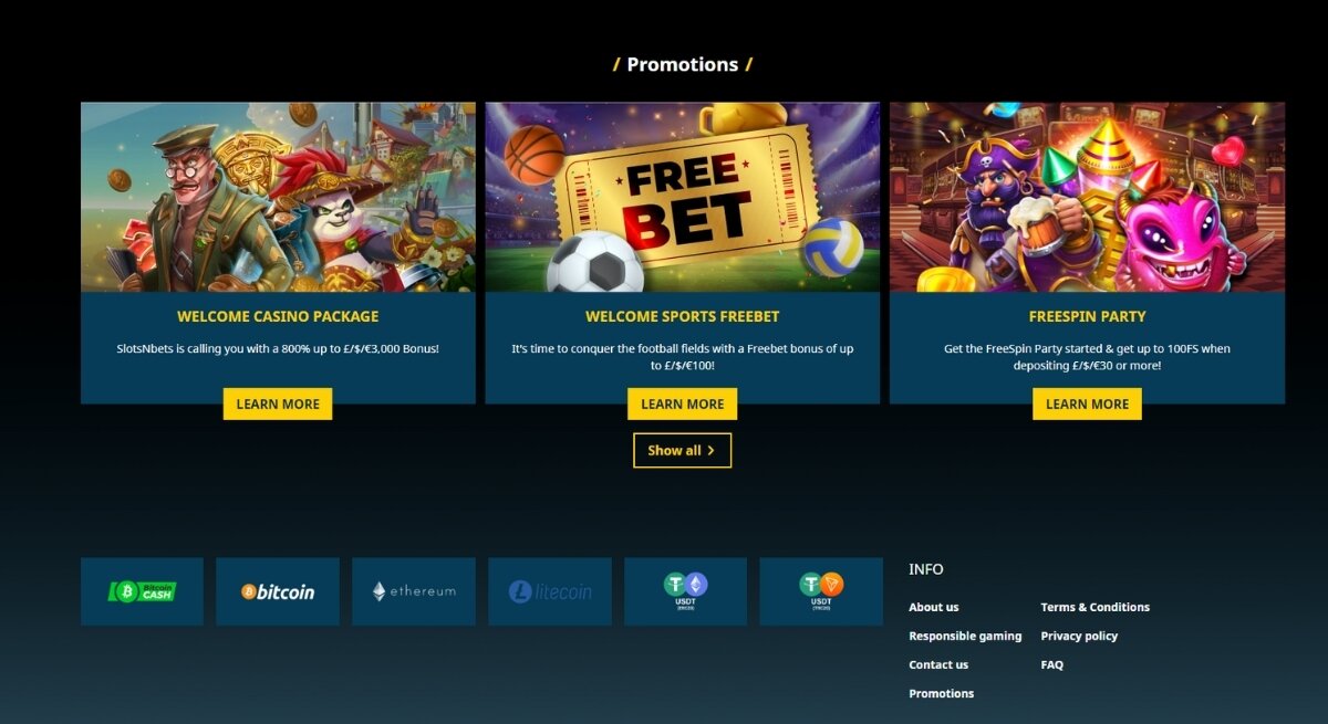 SlotsNbets home page footer, with promotions and banking methods.