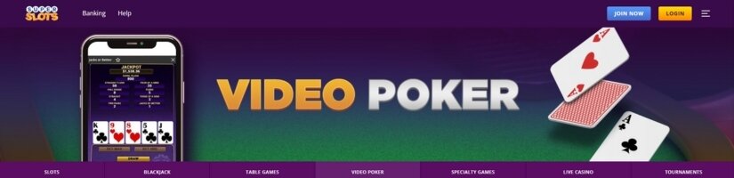 Screenshot of Super Slots video poker banner.